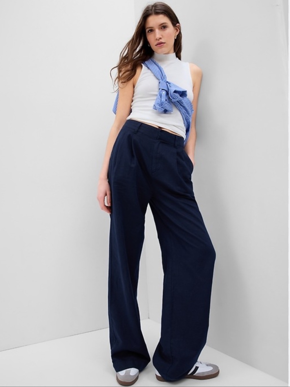 GAP Women's Linen-Cotton Pleated Pants Navy Blue Wide Leg Relaxed High‎ Rise